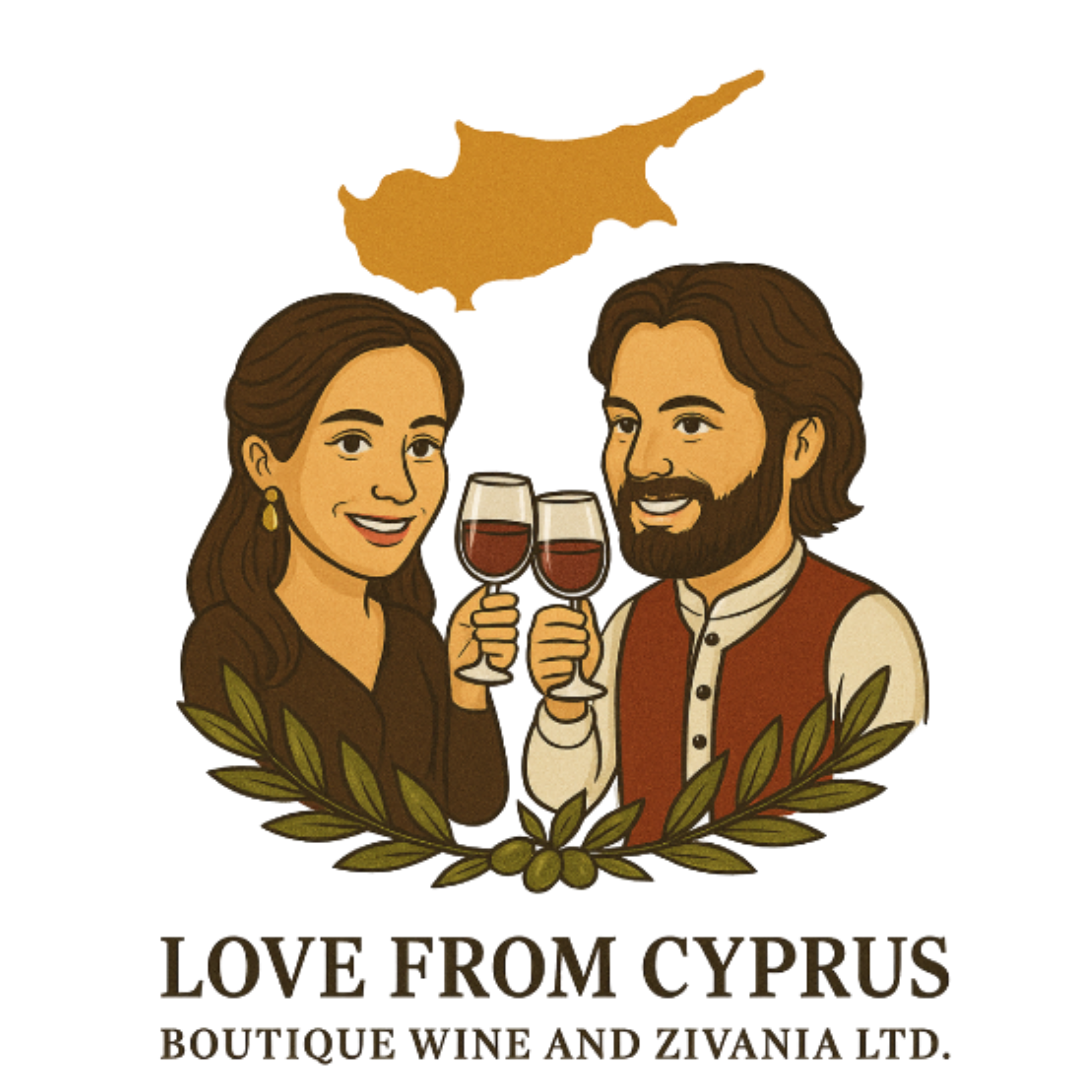 Illustration of a man and woman holding wine glasses with a map of Cyprus above them, featuring 'Love from Cyprus' branding.