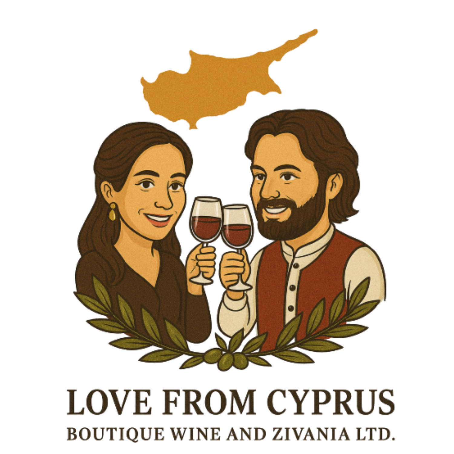 Illustration of a man and woman holding wine glasses with a map of Cyprus above them, featuring 'Love from Cyprus' branding.